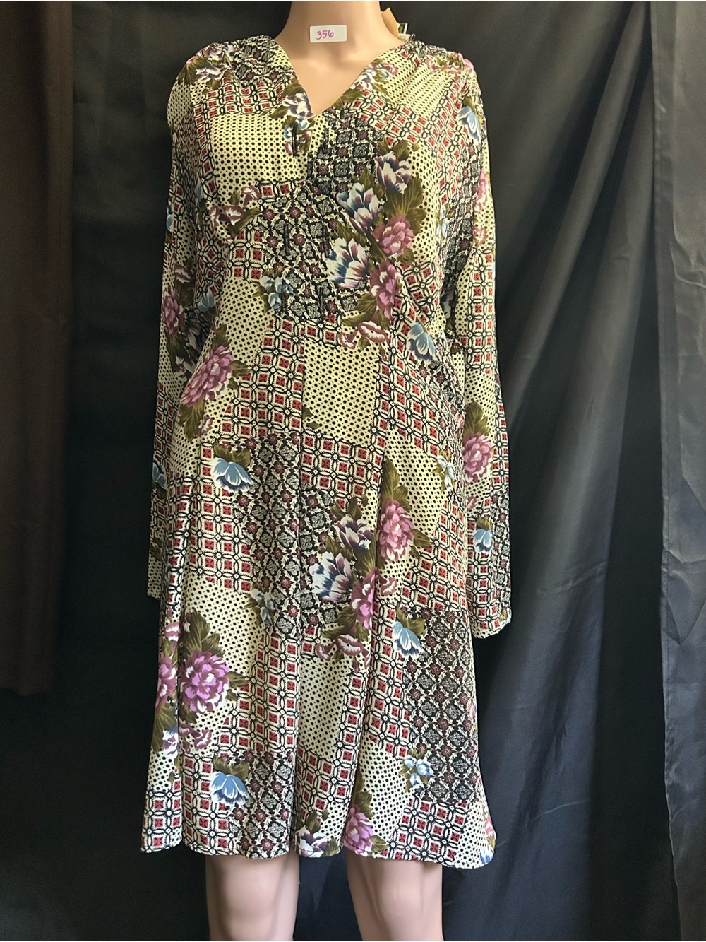 Necessary Objects Vintage Olive Patchwork Floral Midi Dress SM NWT